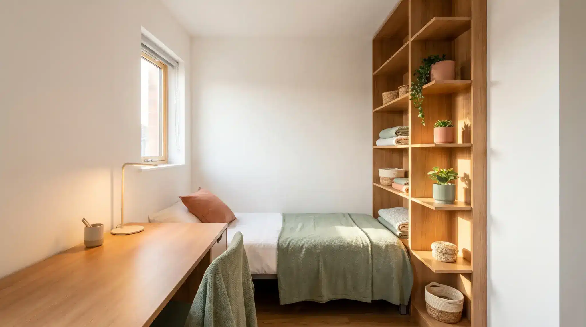 Cozy bedroom with wooden desk, single bed, and shelves with potted plants and towels