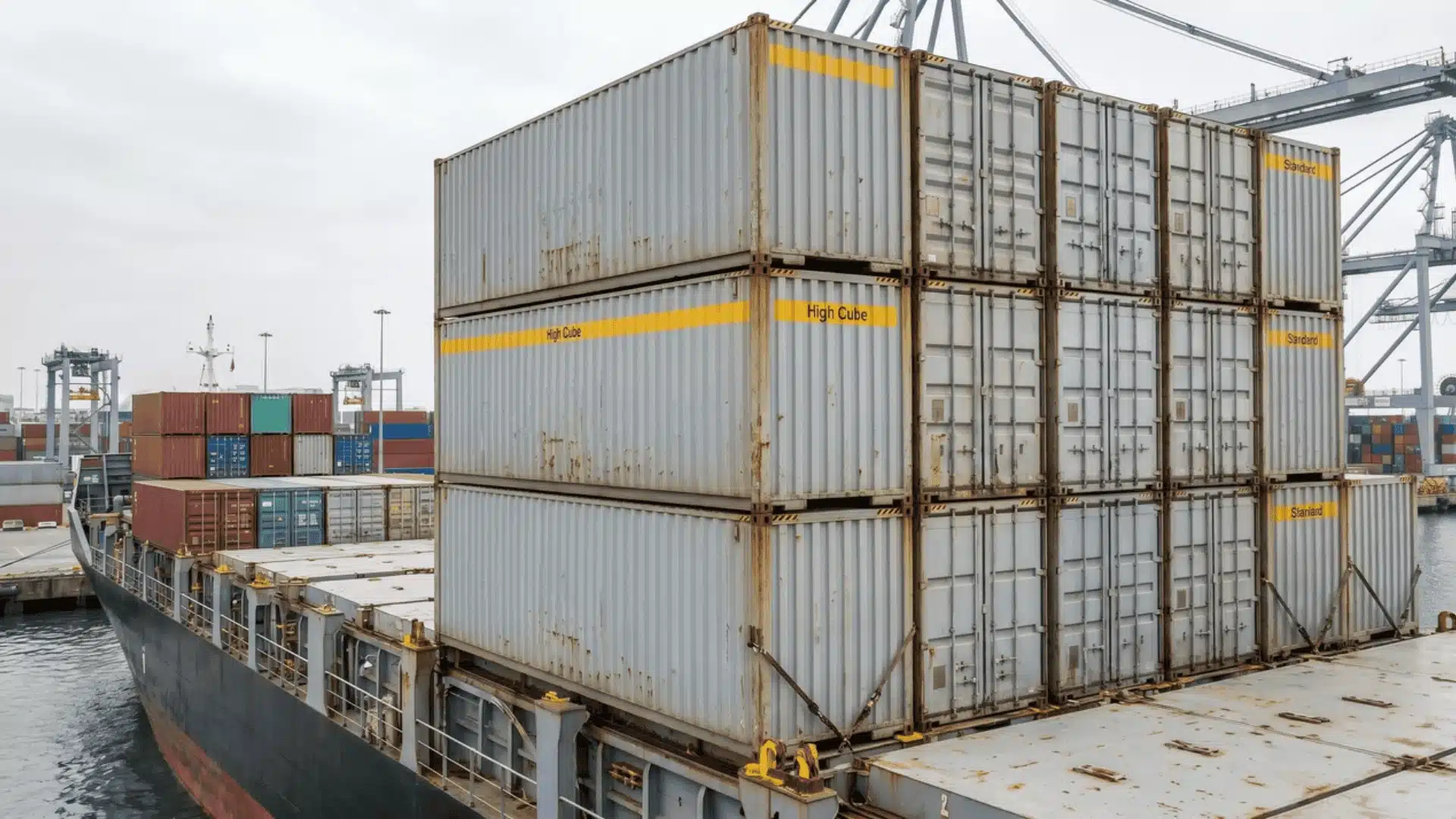 Standard and high cube containers stacked on a ship deck