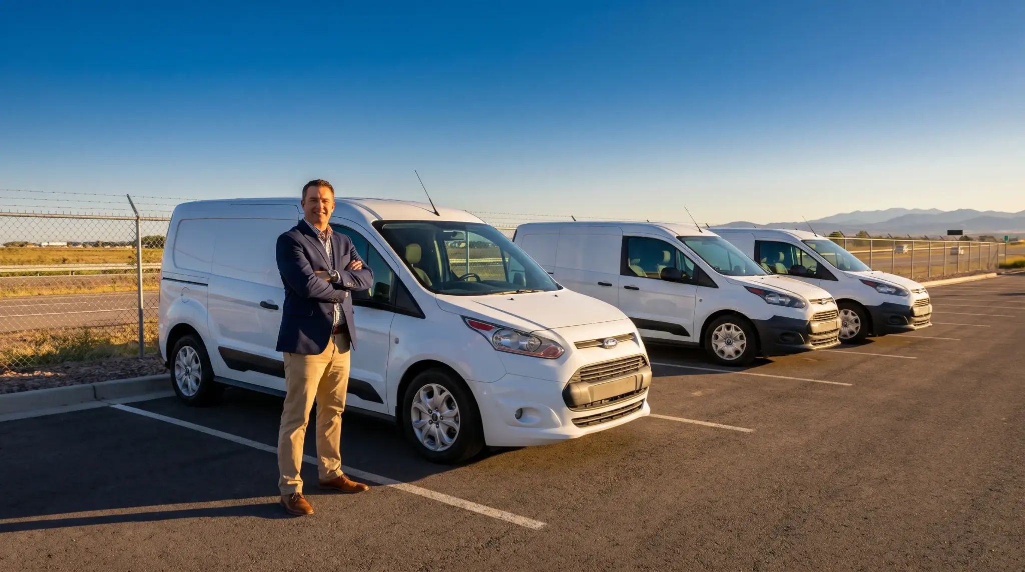 Man in business attire standing beside white vans in parking lot under clear blue sky
