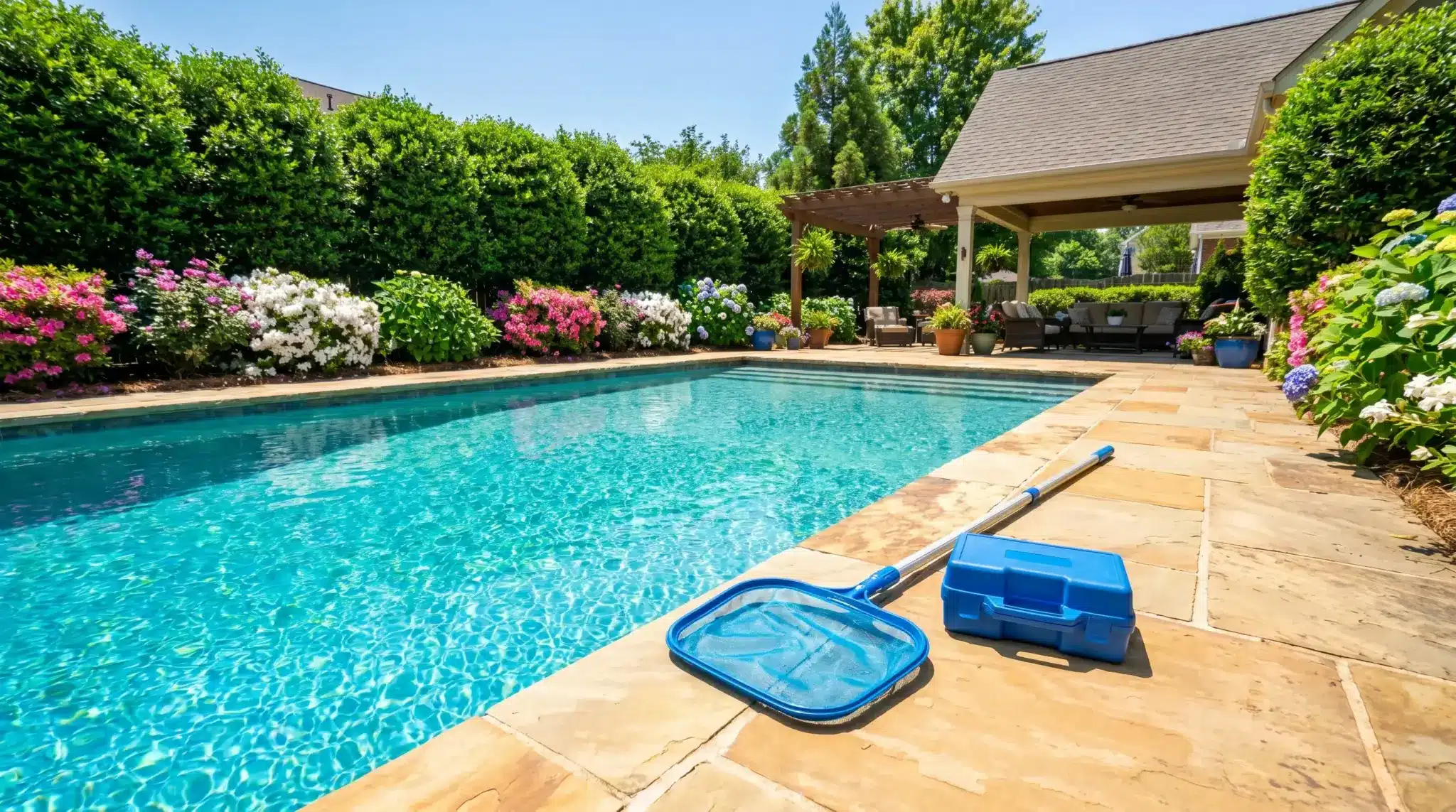 Sunny backyard swimming pool with cleaning net and toolbox on stone patio