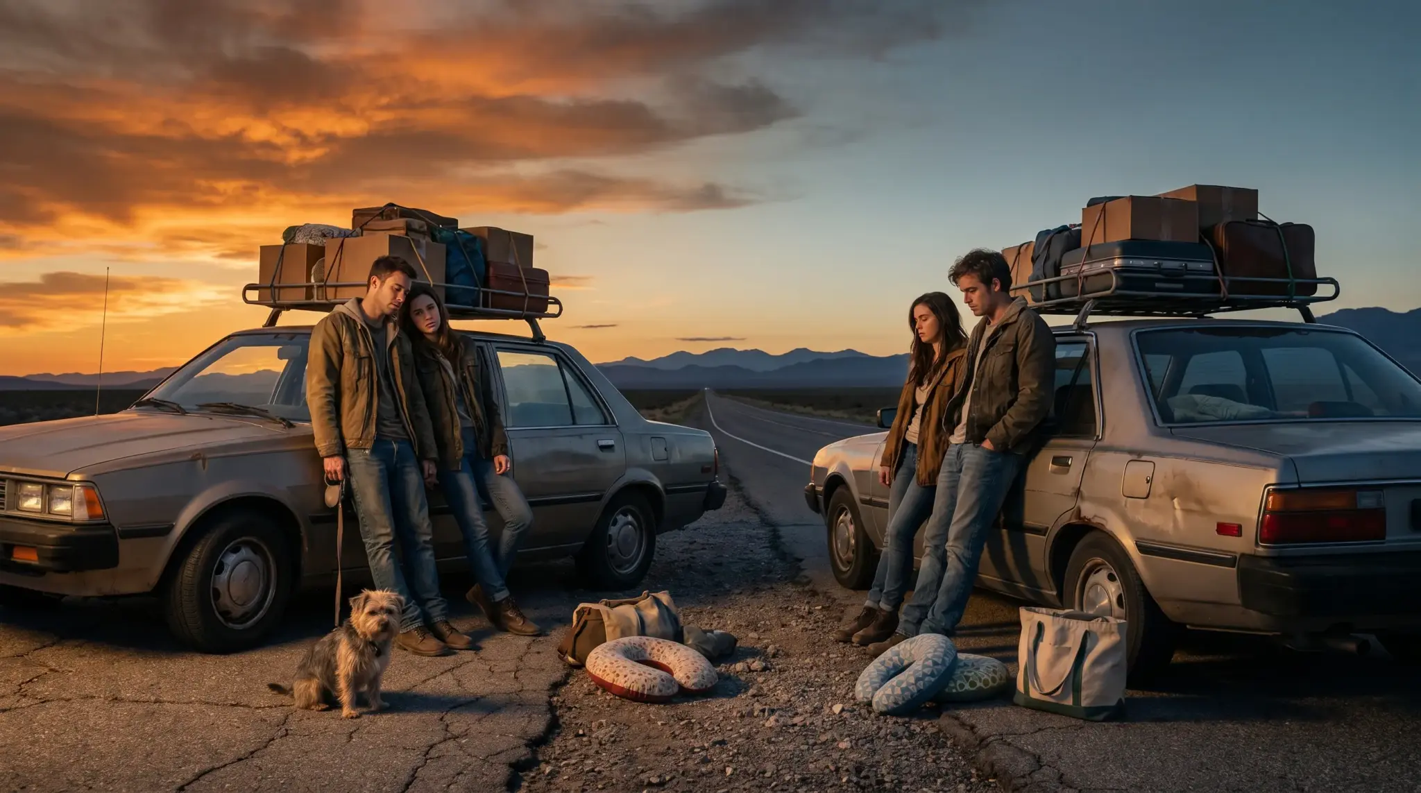 Two couples leaning on parked cars with luggage on roof, sunset background, small dog nearby