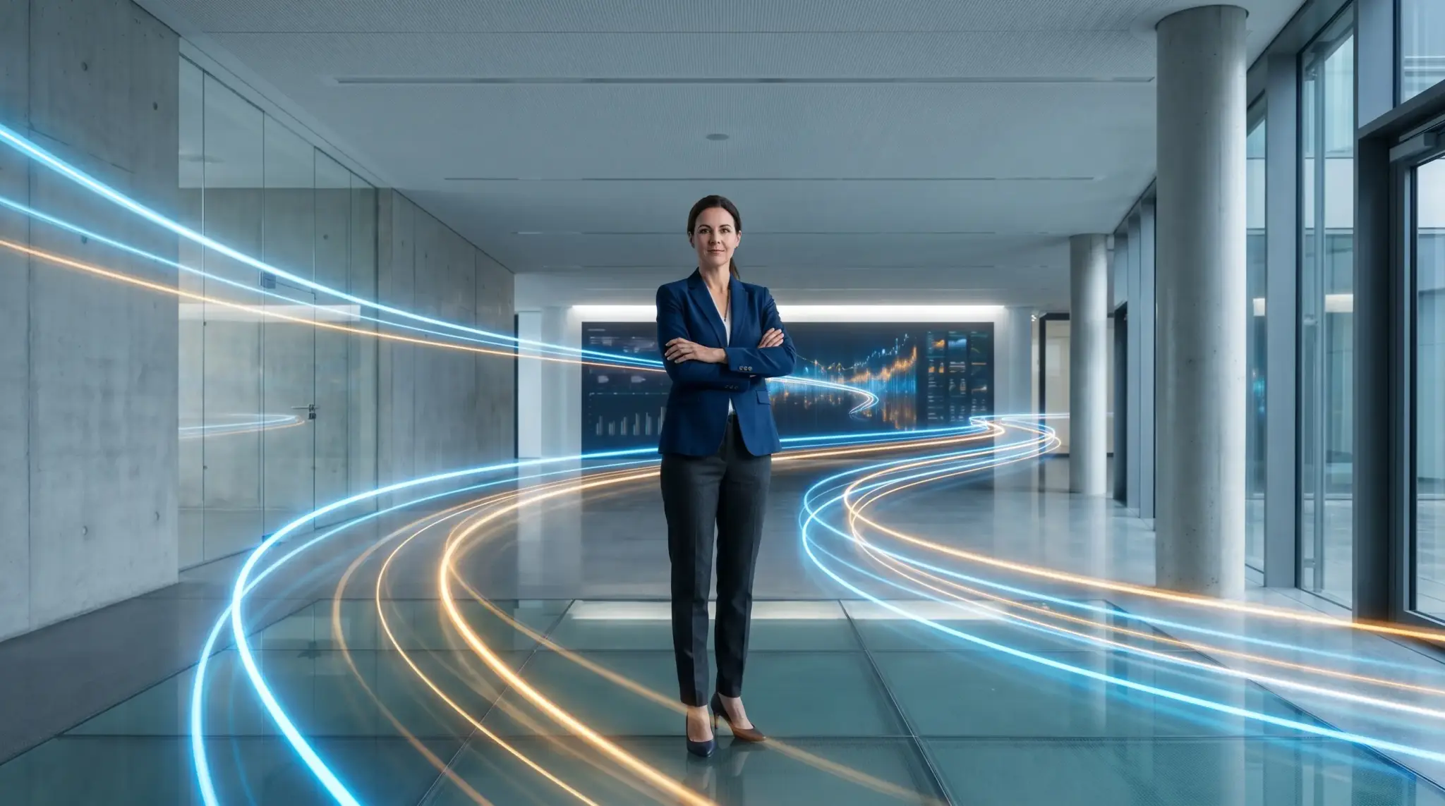 Businesswoman in modern office corridor with dynamic light trails and digital screens