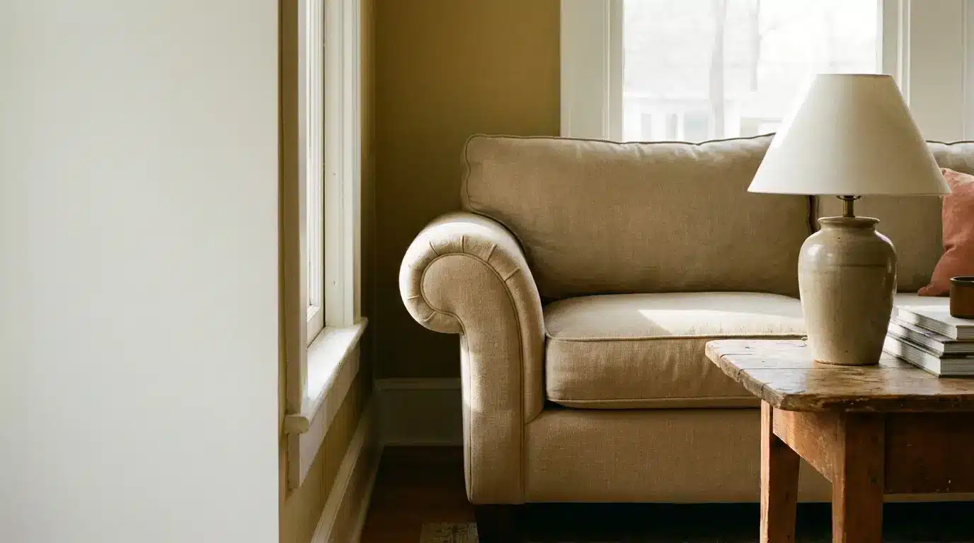 Beige sofa and ceramic lamp beside wooden table in sunlit living room