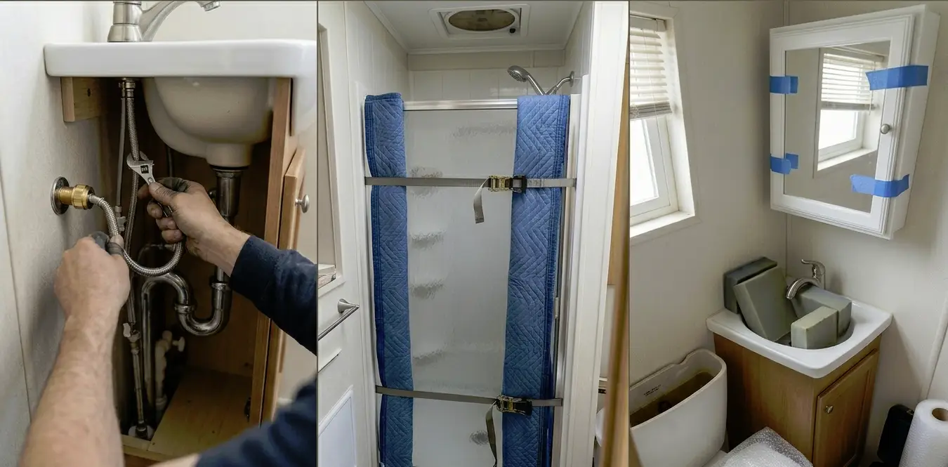 Hands fixing sink pipes, shower door with padding, bathroom cabinet with blue tape
