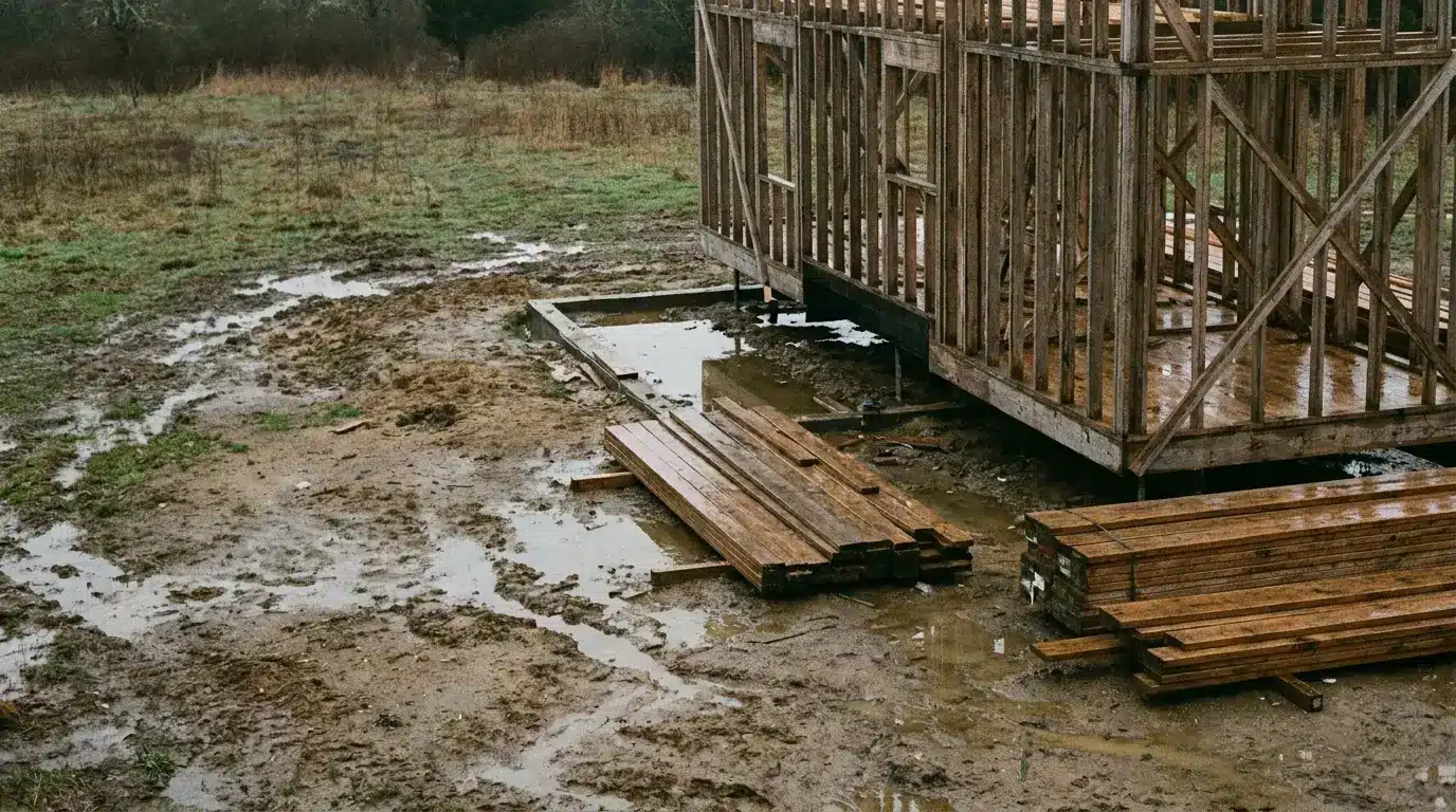 Partially constructed wooden framework on muddy outdoor construction site with stacked lumber nearby
