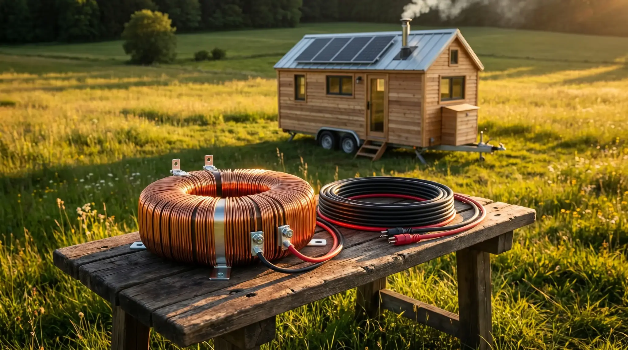 Copper coil and cables on wooden table with tiny house and solar panels in sunny field