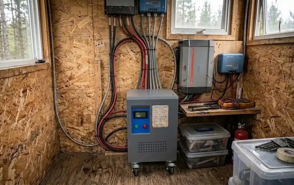 Small utility room with electrical equipment and cables on plywood walls, outdoor view through windows
