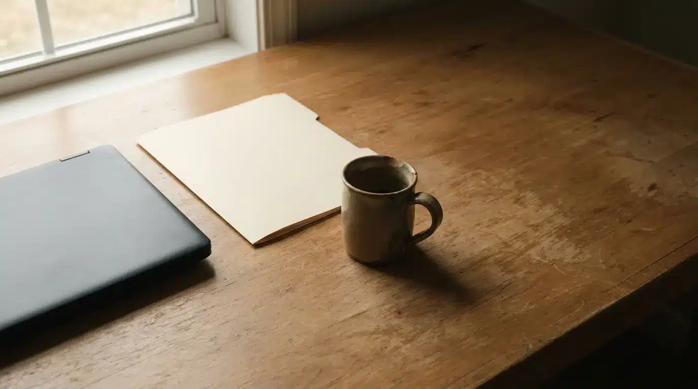 Laptop, folder, and ceramic mug on wooden desk by a window with natural lighting