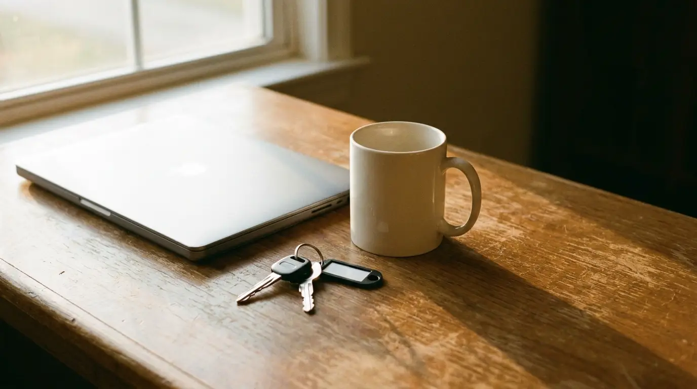 Laptop, white coffee mug, and keys on wooden desk near window in soft daylight