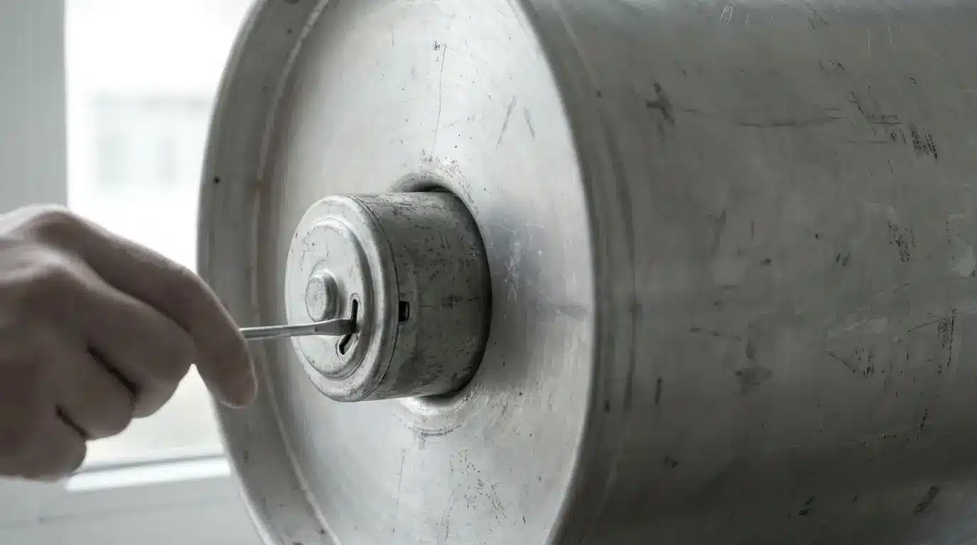 Hand turning key in large metal cylinder indoors, close-up view