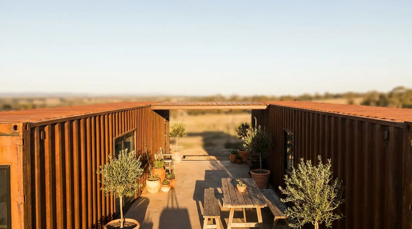 Two rust-colored shipping containers forming a courtyard with potted plants and wooden picnic table