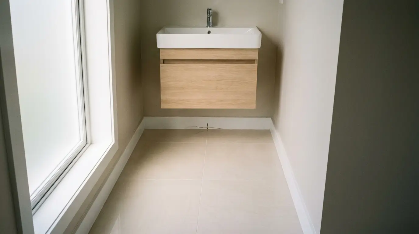 Minimalist bathroom with floating wood vanity, white sink, and natural light through large window