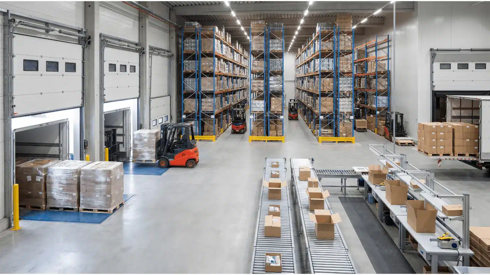 warehouse with organized shelves and boxes arranged in rows