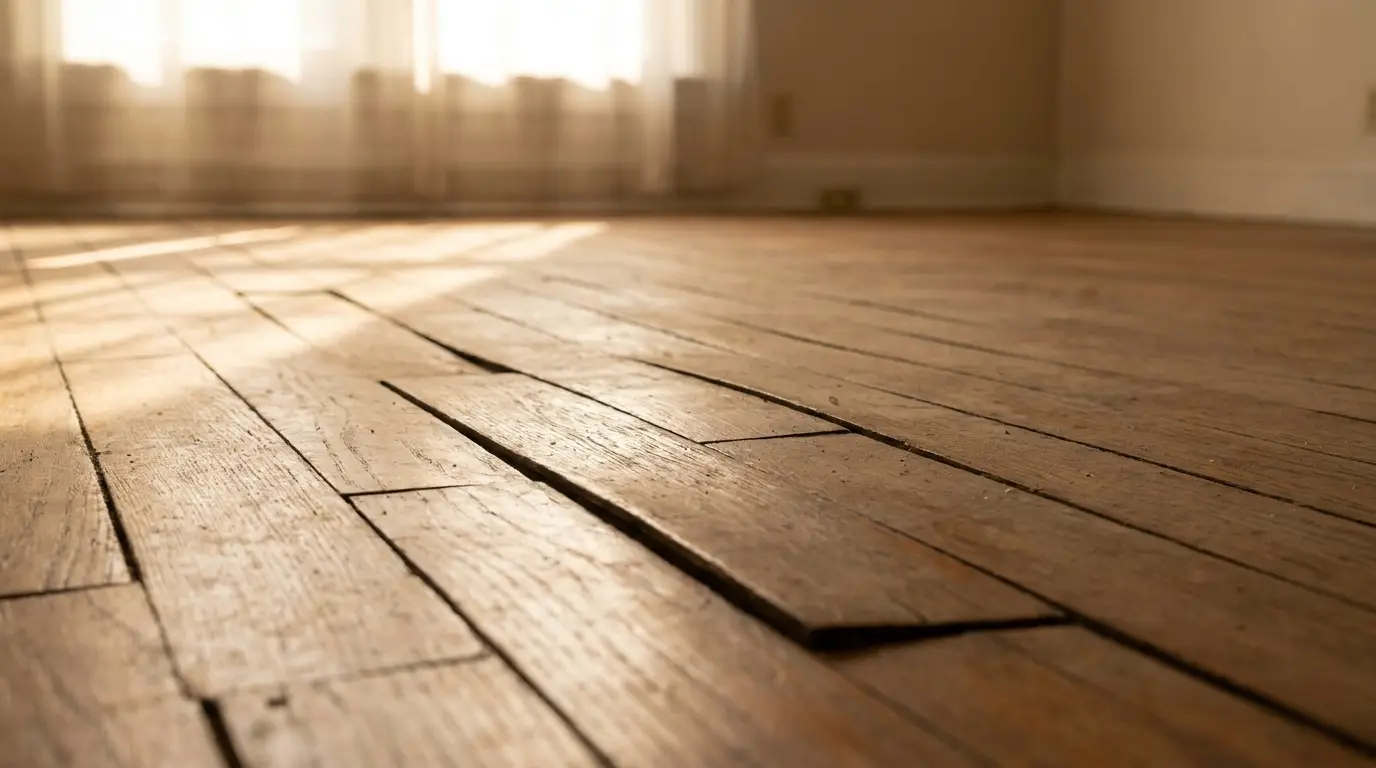 Uneven wooden floorboards in sunlit room with sheer curtains and warm tones