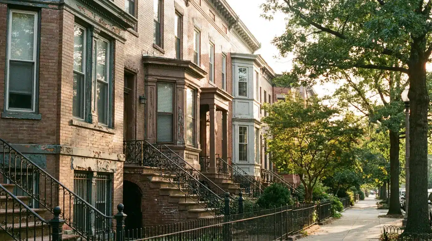 Historic brownstone row houses with iron railings and trees lining a residential street