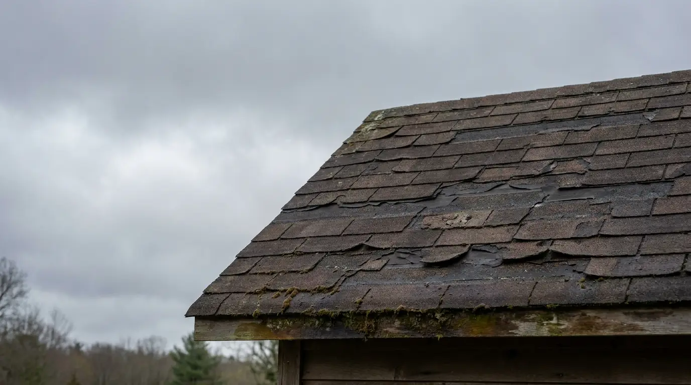 Worn asphalt shingles with moss on an old roof under cloudy sky