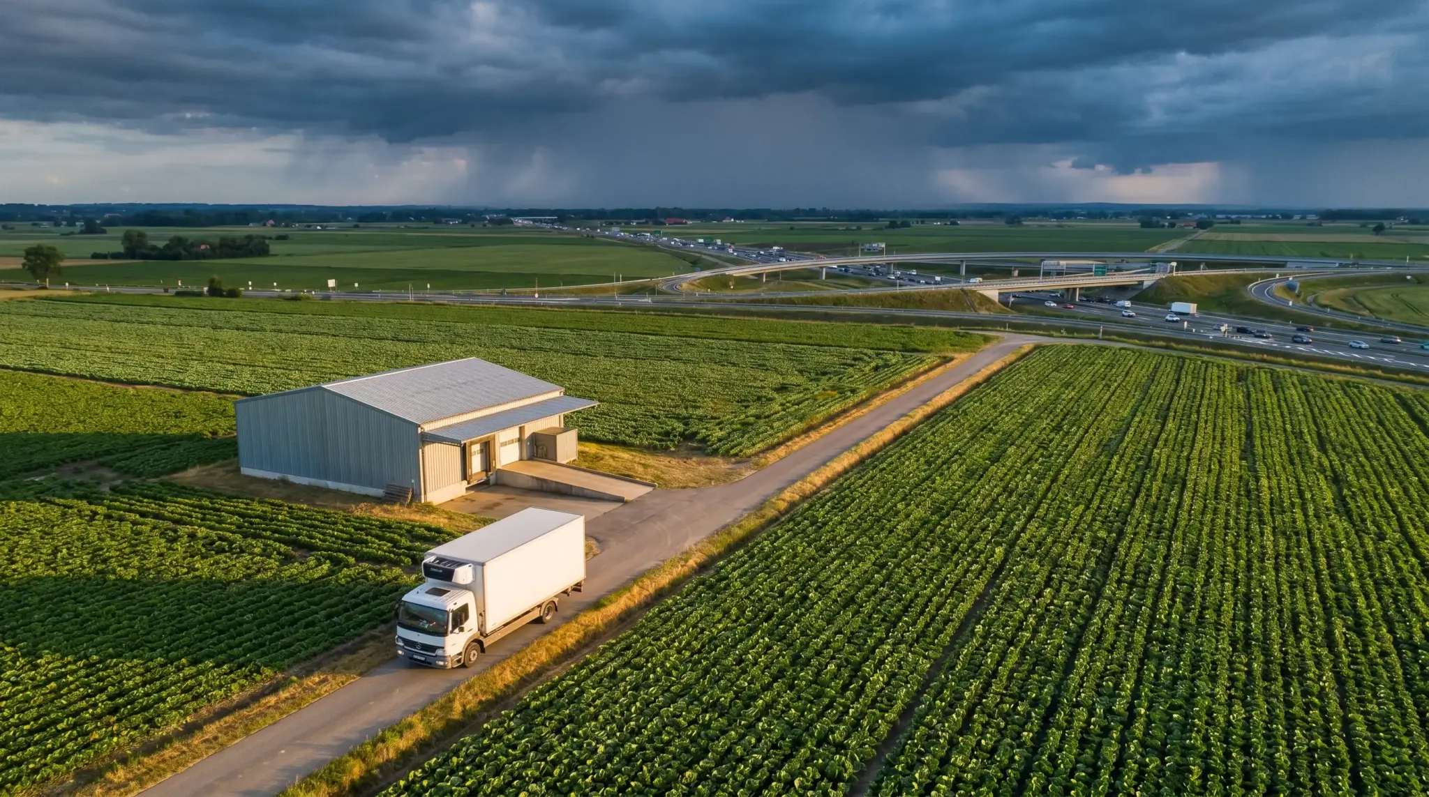 Truck in front of large warehouse building on expansive green farmland under cloudy sky