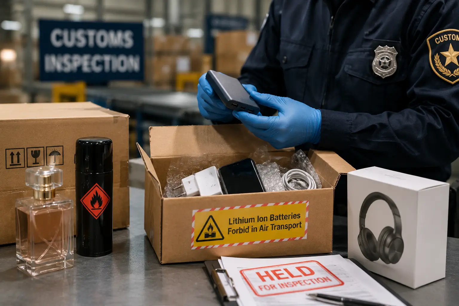 Customs officer inspecting electronic devices and hazardous materials in a cardboard box at customs inspection area