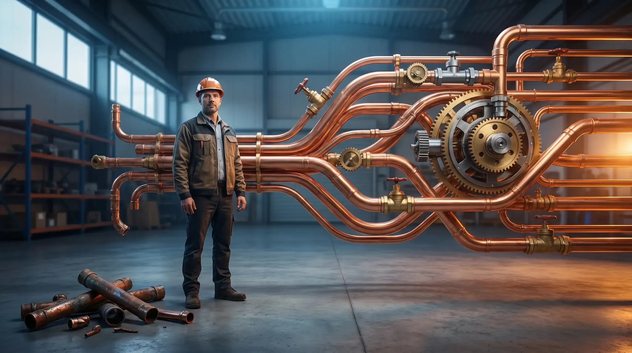 Engineer wearing hard hat standing next to complex network of copper pipes in industrial warehouse