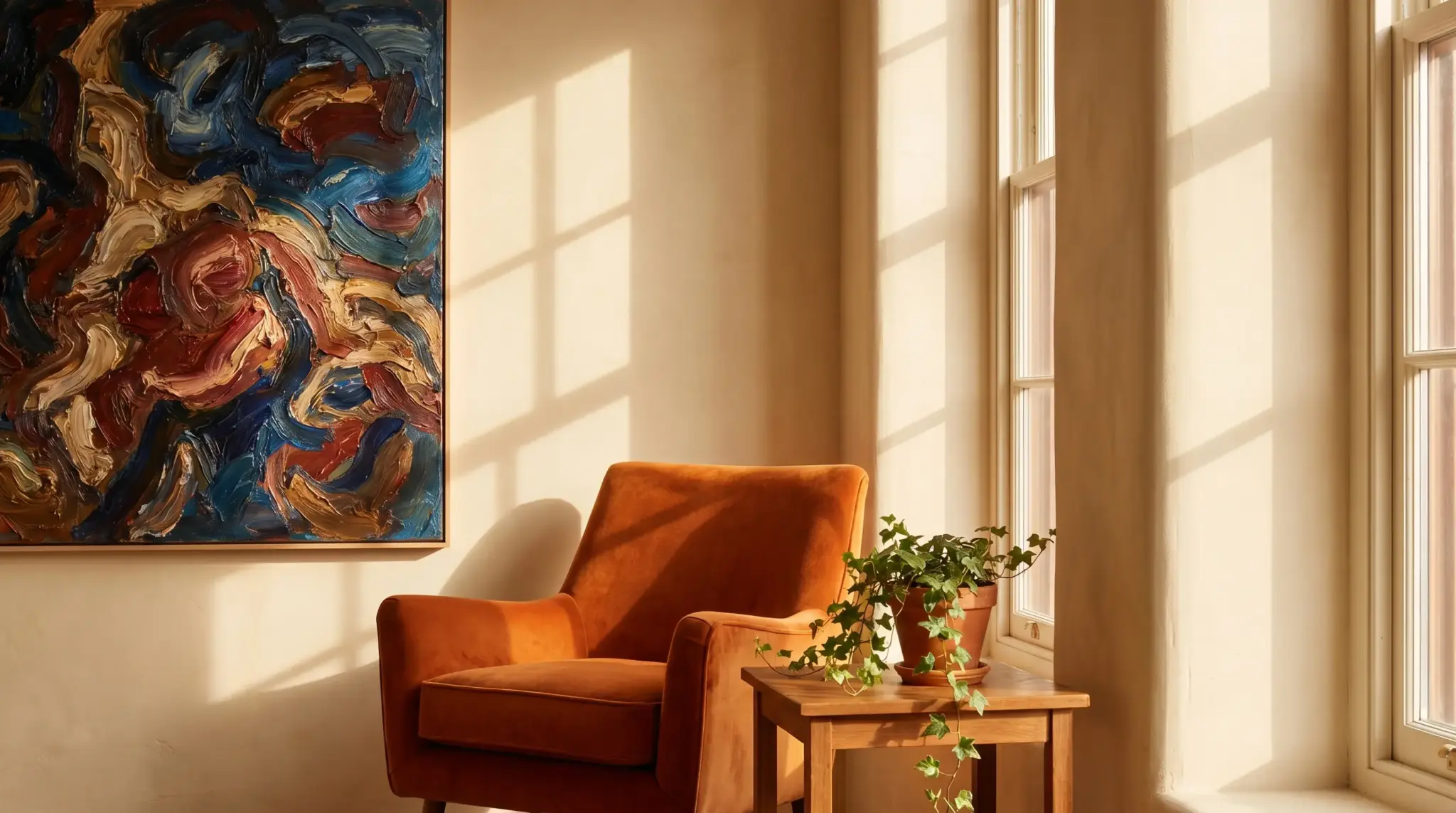 Orange armchair and potted plant beside window in sunlit room with abstract artwork