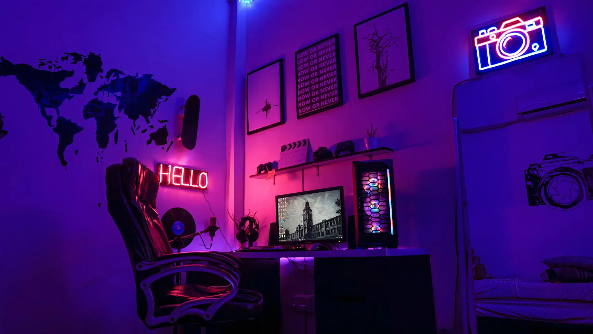 Home gaming setup with lights and speakers