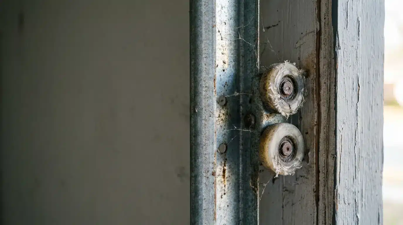 Close-up of rusty garage door rollers on metal track in a dimly lit garage