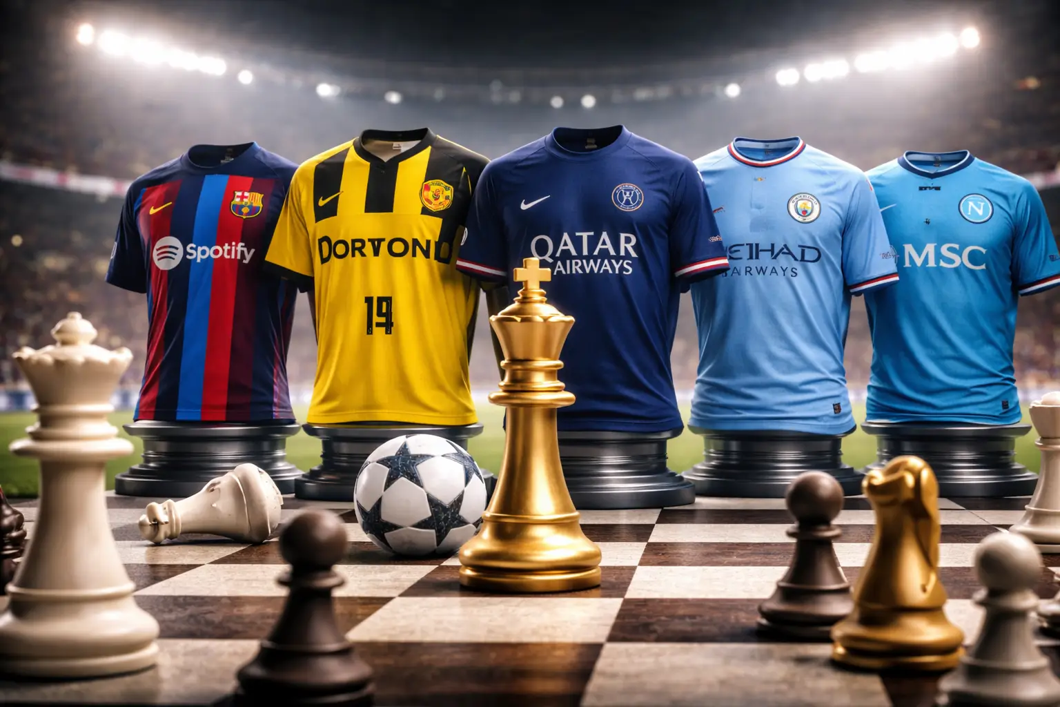 Football jerseys displayed on chess pieces with soccer ball on chessboard in stadium setting