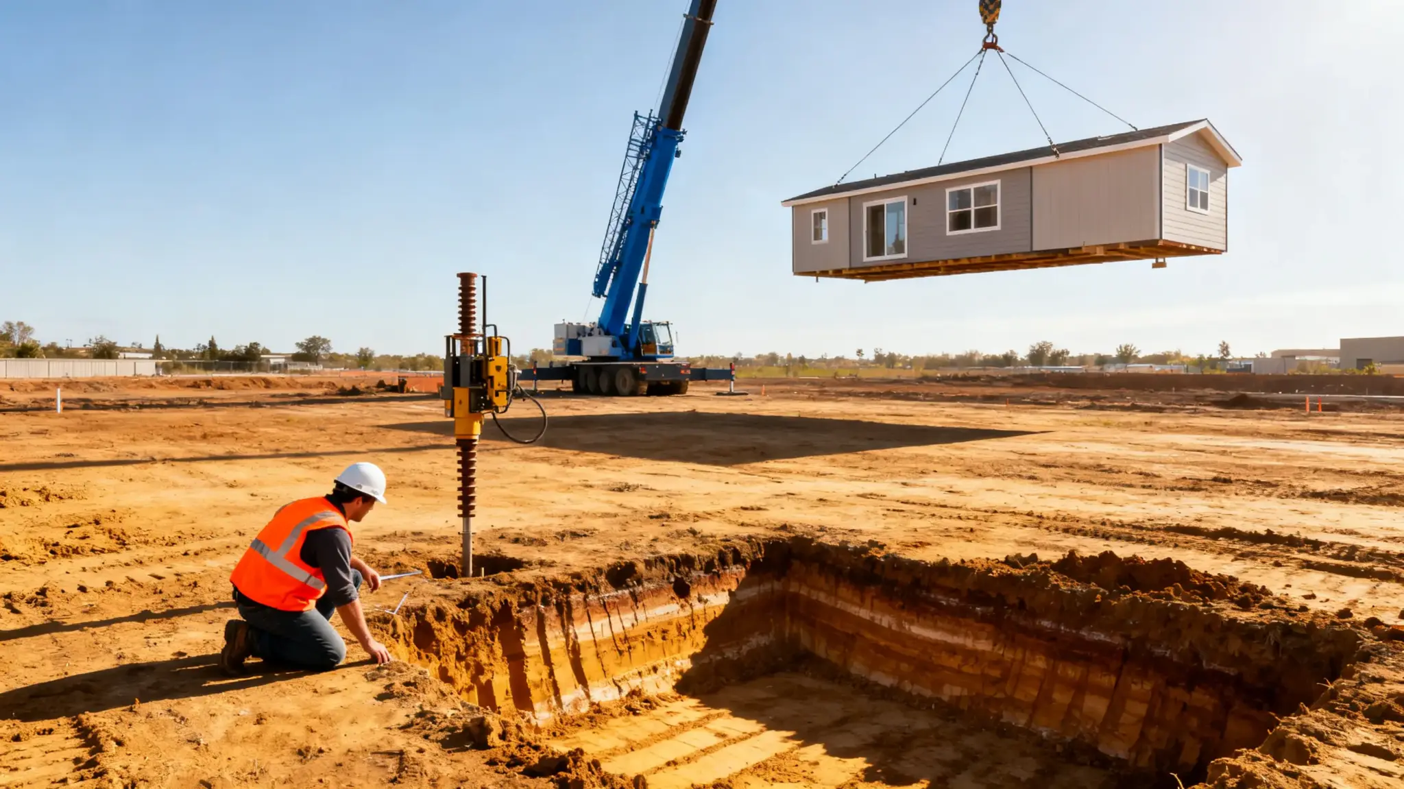 Crane lowering a prefabricated home onto a construction site with a worker observing