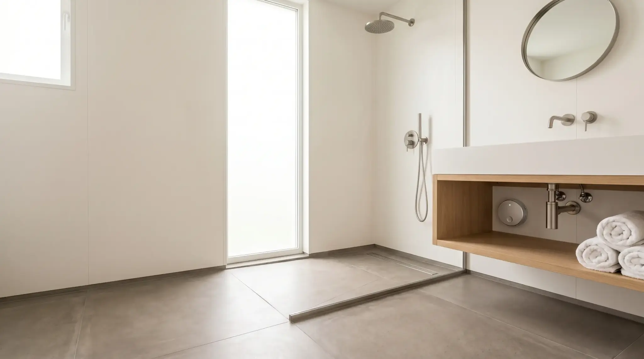 Minimalist bathroom with open shower, white vanity, round mirror, and rolled towels on wooden shelf