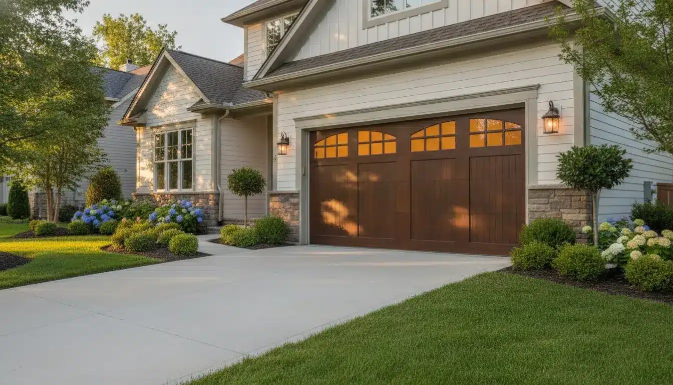 Traditional house exterior with wooden garage doors, landscaped garden, and evening sunlight