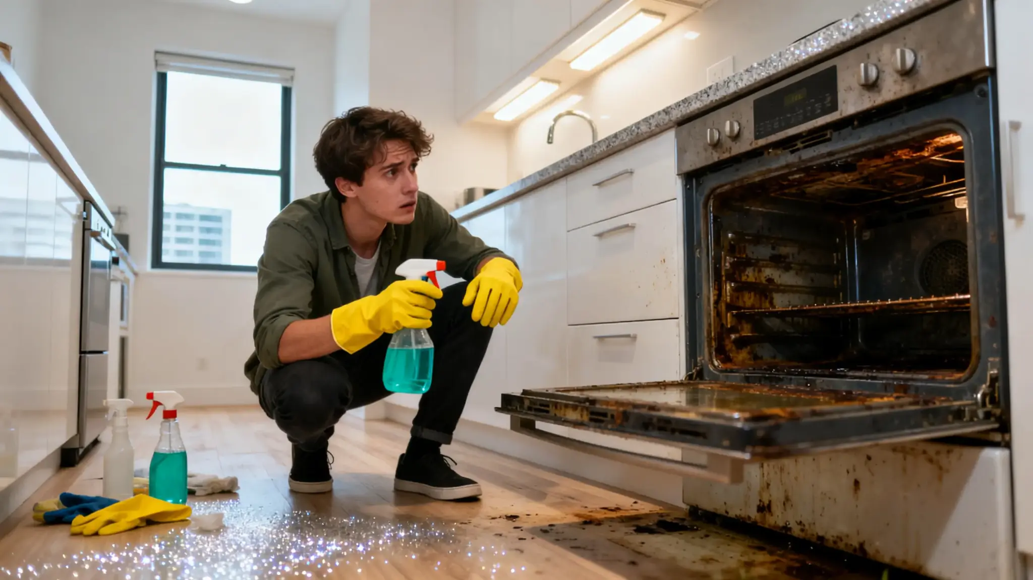 Man kneeling with cleaning spray near dirty oven in brightly lit kitchen