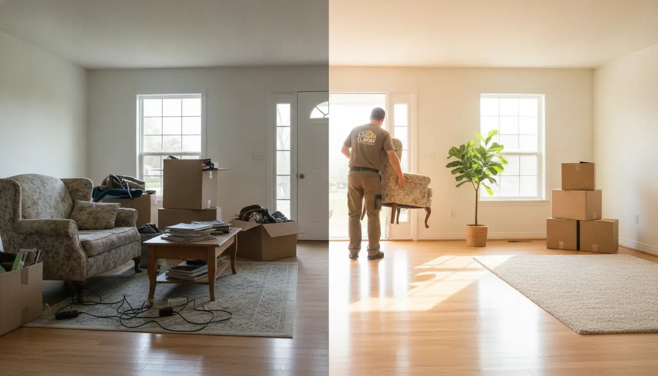 Living room transformation from cluttered to minimalist with moving boxes and furniture removal