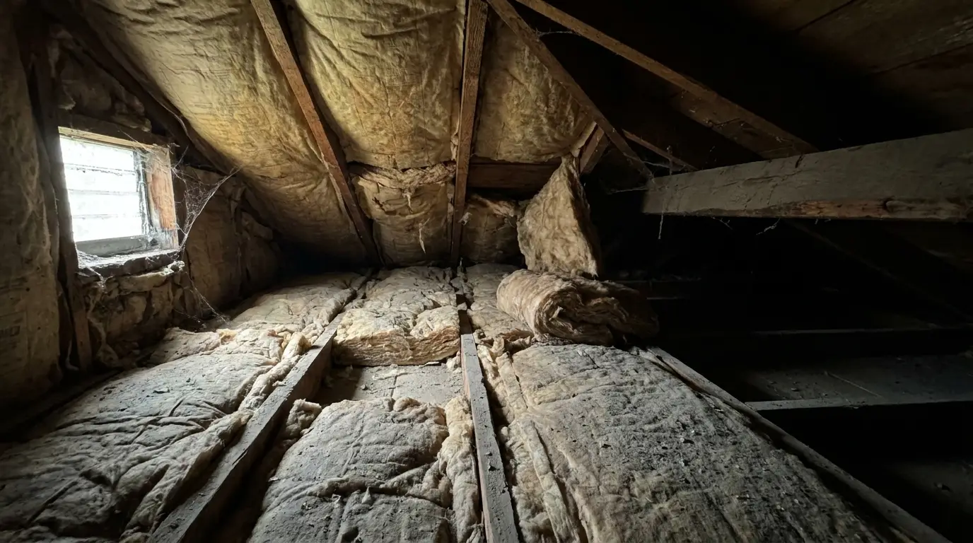 Dimly lit attic with exposed wooden beams and deteriorating insulation rolls
