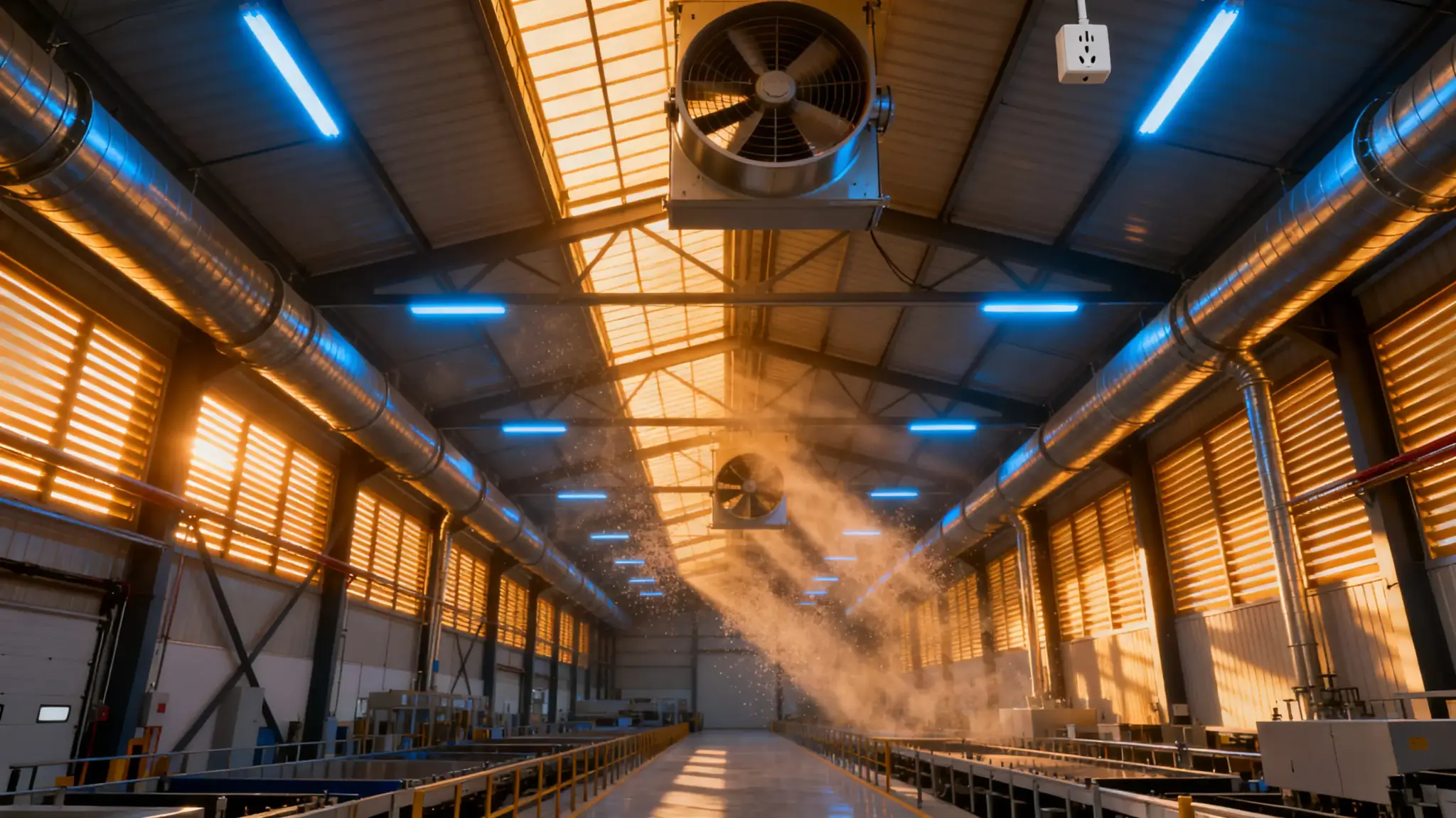 Industrial warehouse interior with metal ducts and ventilation system under warm, orange lighting