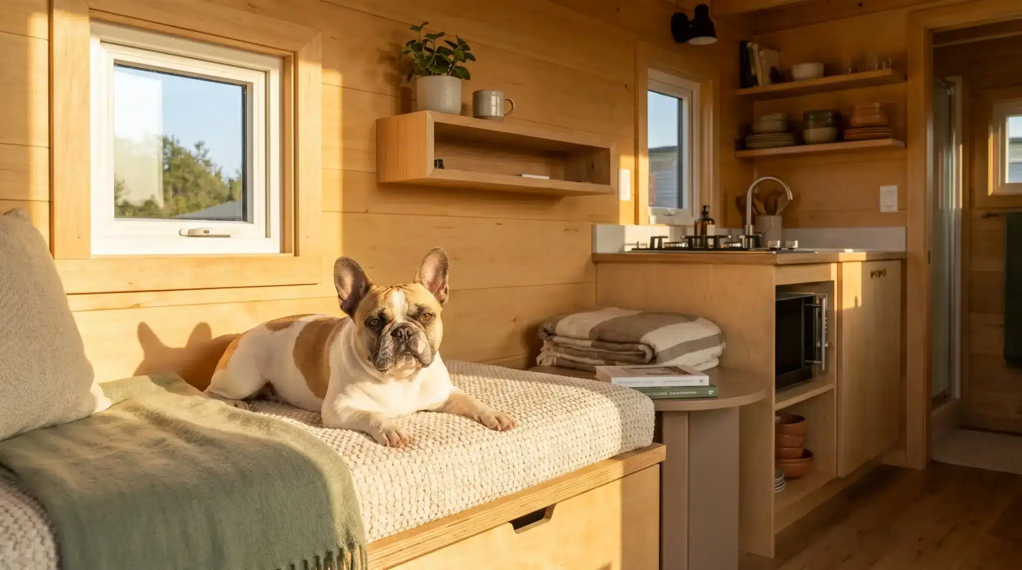 Cozy wood-paneled tiny home interior with a French Bulldog on a cushioned bench