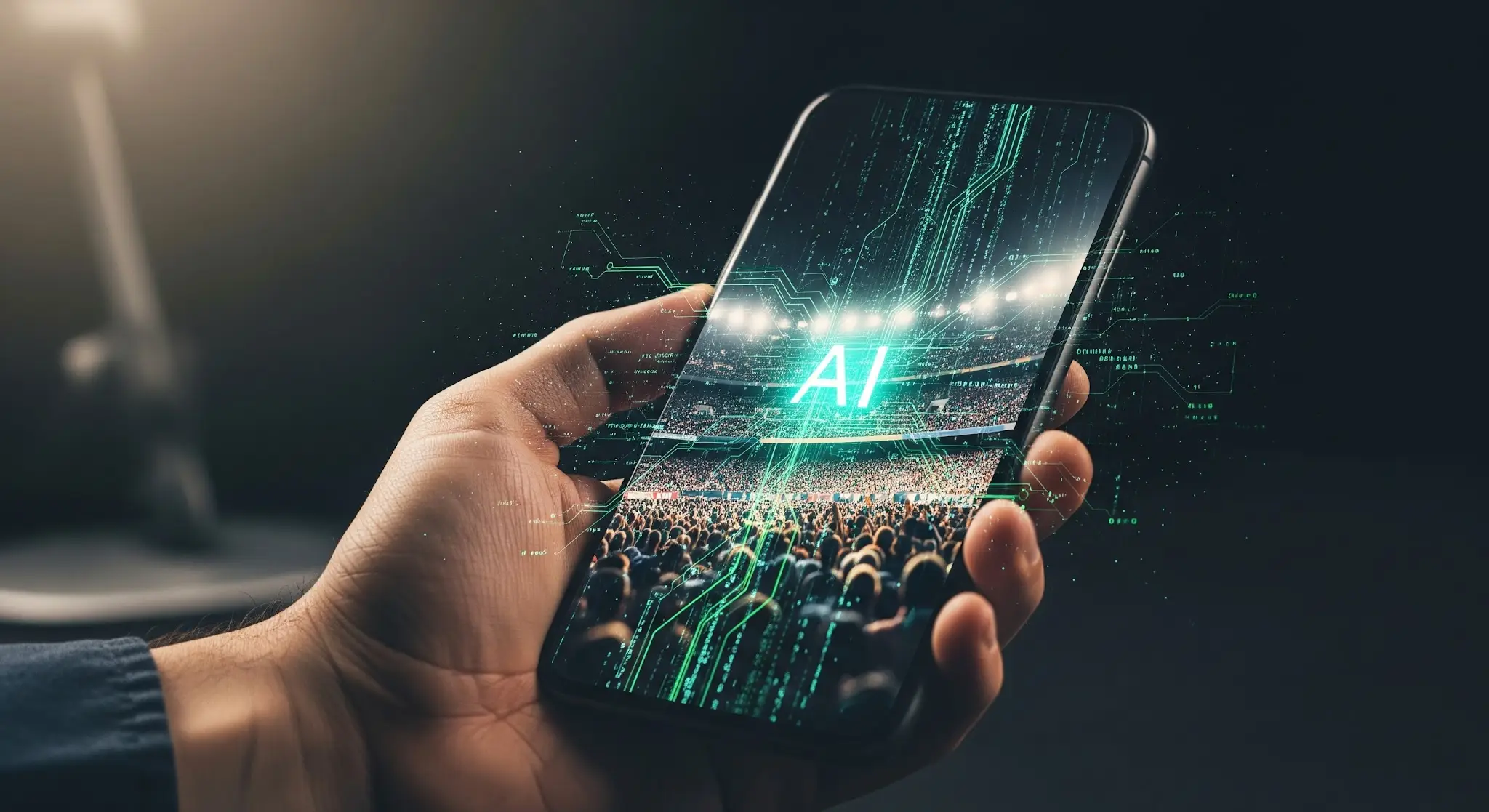 Hand holding smartphone displaying stadium and digital AI graphics in dimly lit room