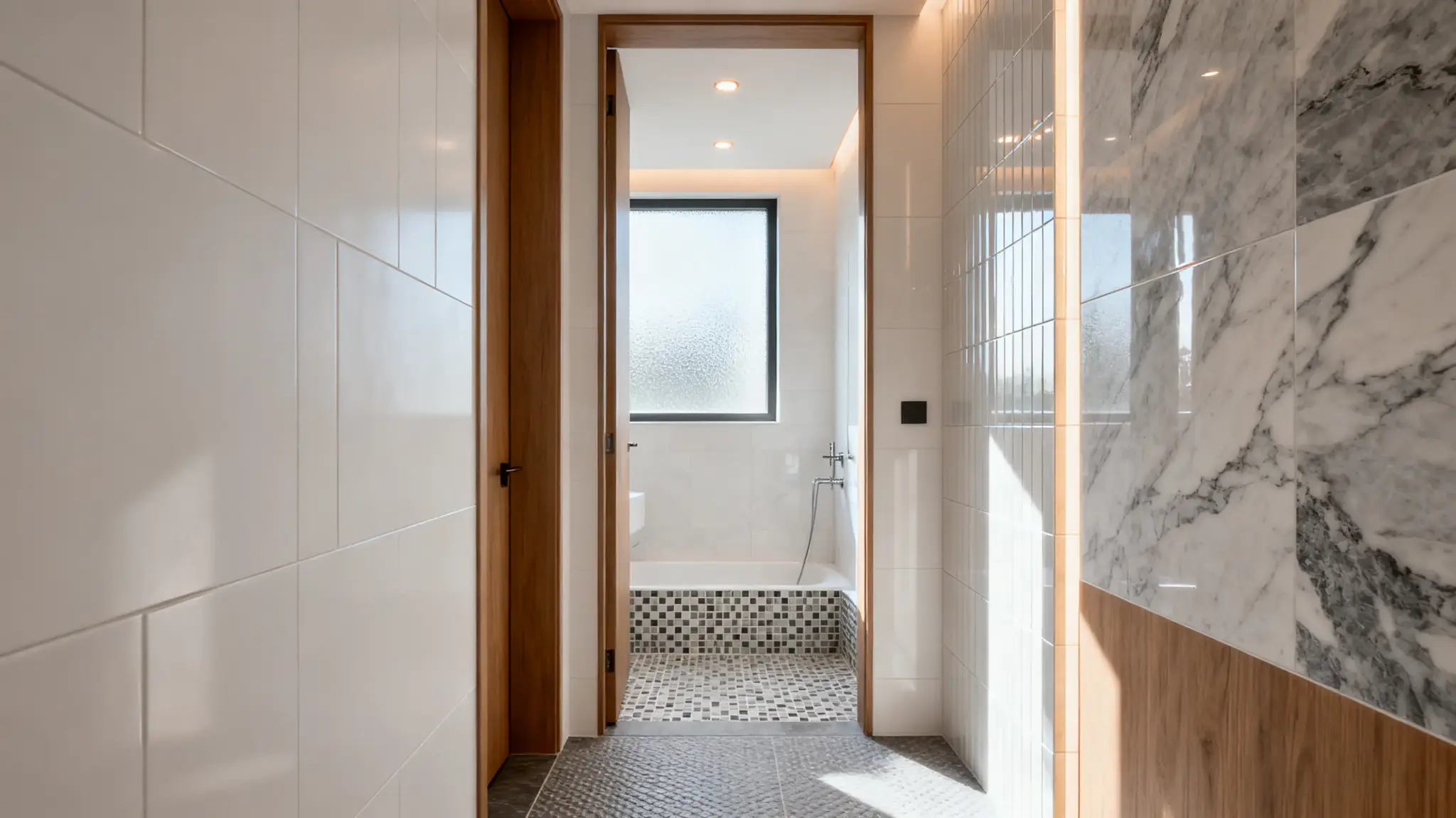 Modern bathroom with marble accent wall and frosted glass window, lit by warm recessed lighting