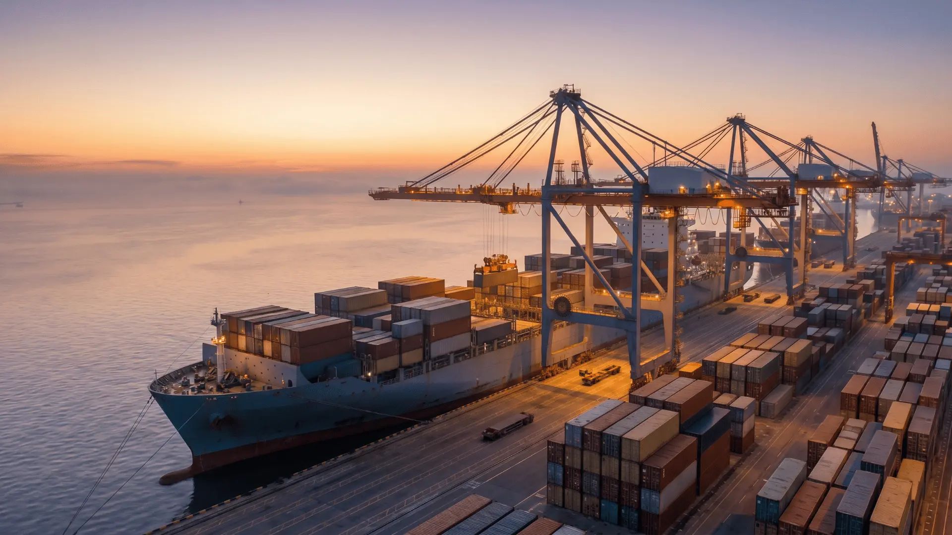[Cargo ship being loaded with shipping containers at a commercial port for insured freight transport]