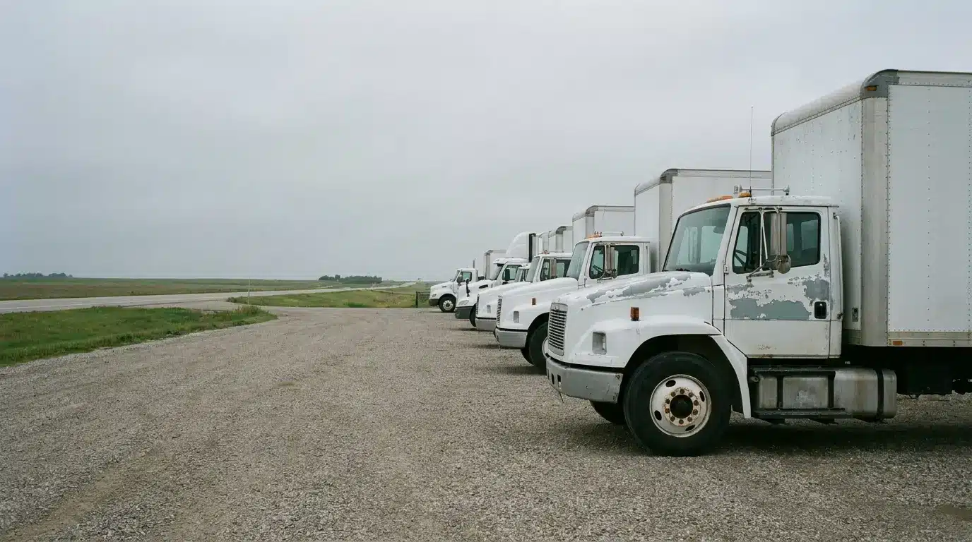Several white delivery trucks parked on gravel lot in open rural area under overcast sky