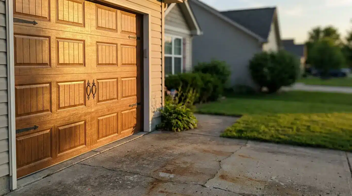 Wooden garage door with decorative handles in suburban driveway under evening sunlight