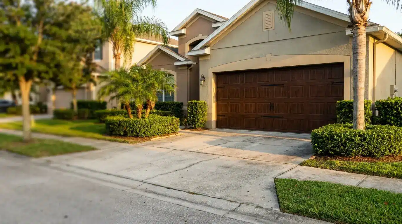 Modern suburban home with wooden garage door, palm trees, and neatly trimmed hedges in sunny neighborhood