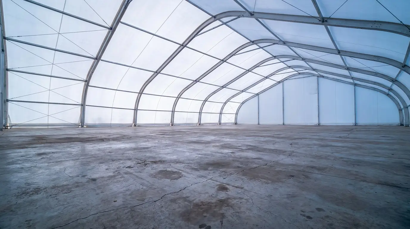 Spacious empty industrial tent interior with arched metal framework and concrete floor