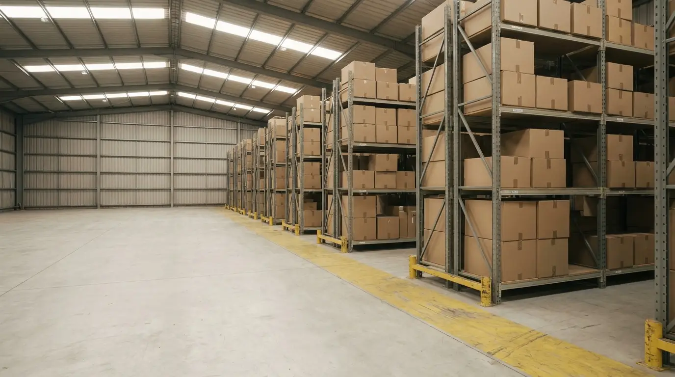Warehouse interior with rows of shelves filled with cardboard boxes under bright overhead lighting