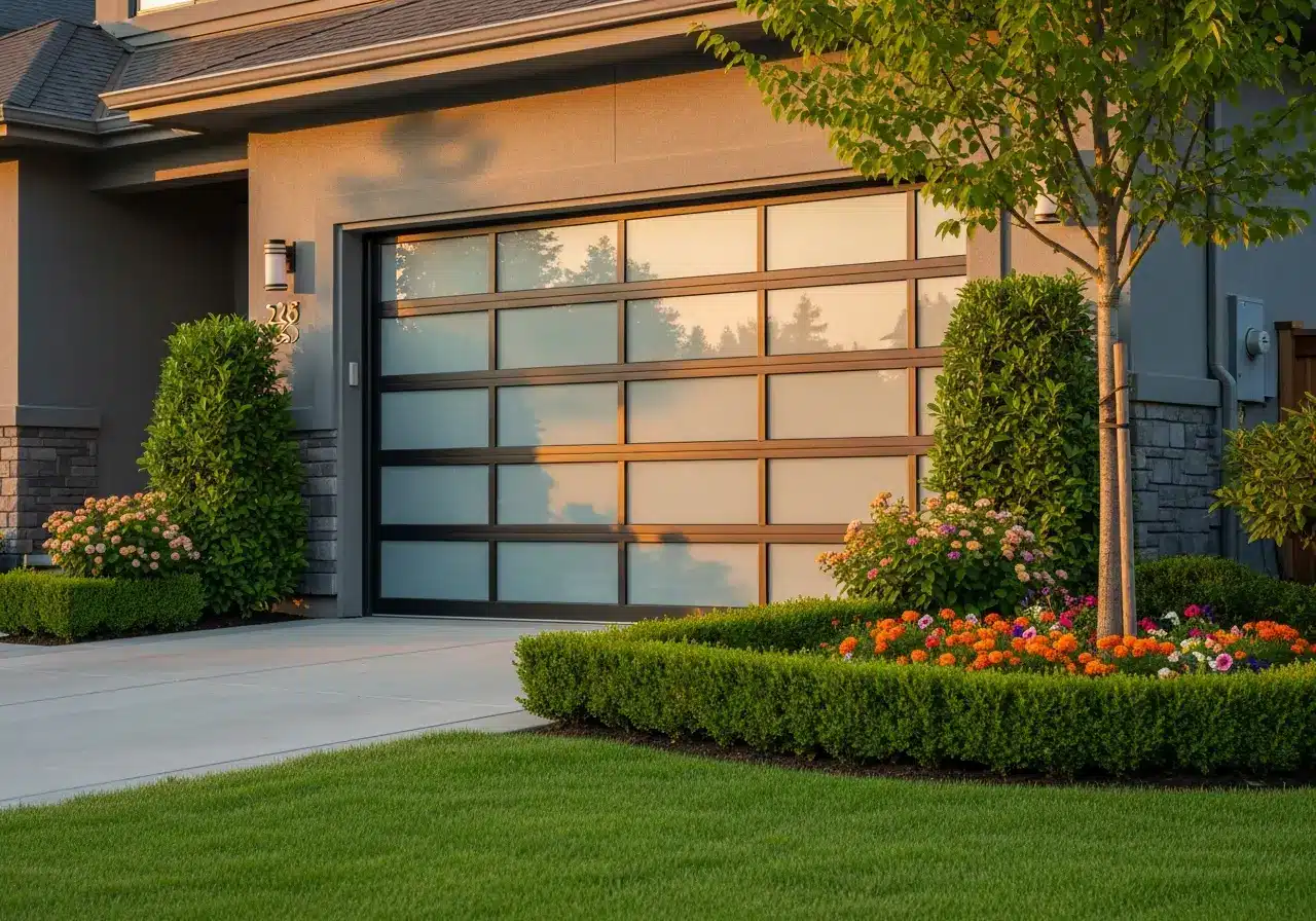 Modern frosted glass garage door with manicured garden and colorful flowers at sunset