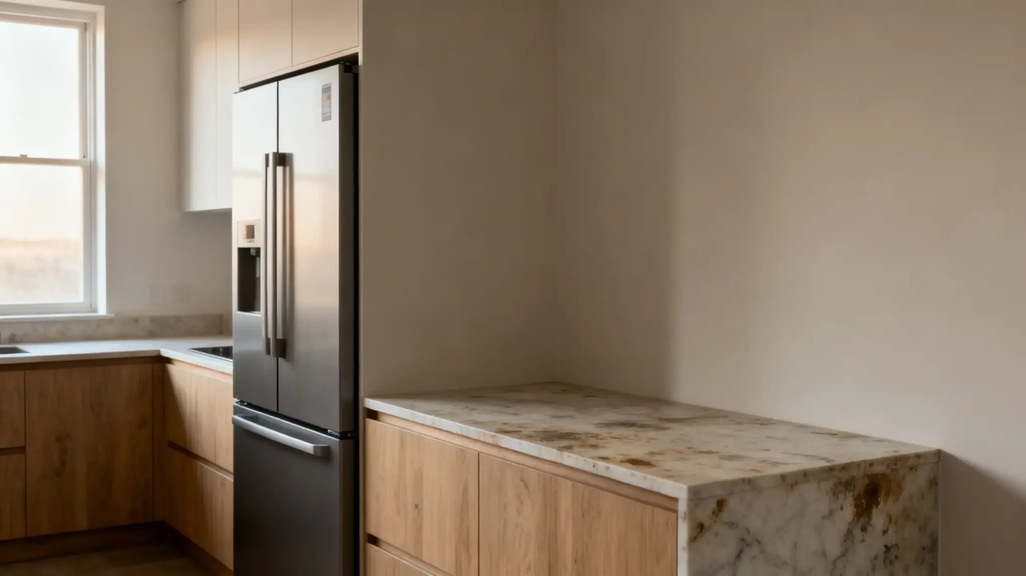 Modern kitchen with stainless steel refrigerator, marble countertop, and wooden cabinets in warm lighting