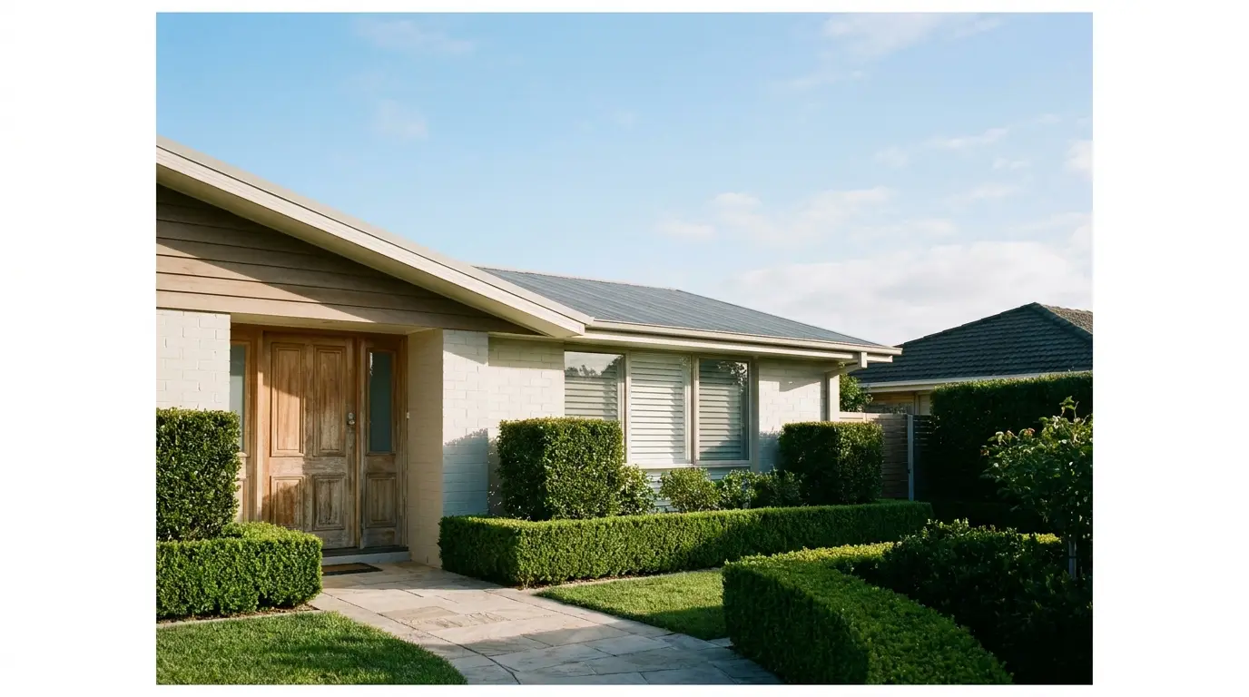Modern suburban house with wooden door and manicured hedge in bright daylight