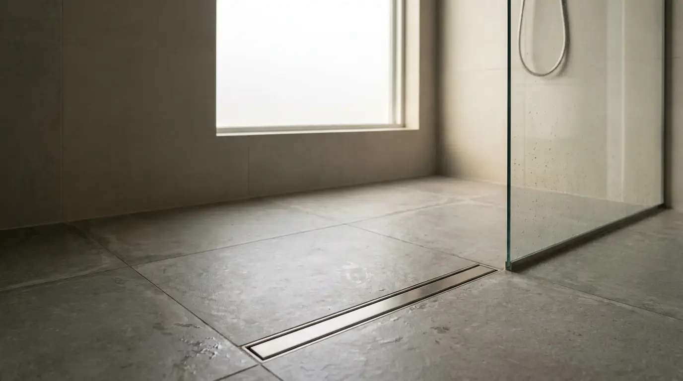 Modern shower with glass partition and linear floor drain in minimalist bathroom