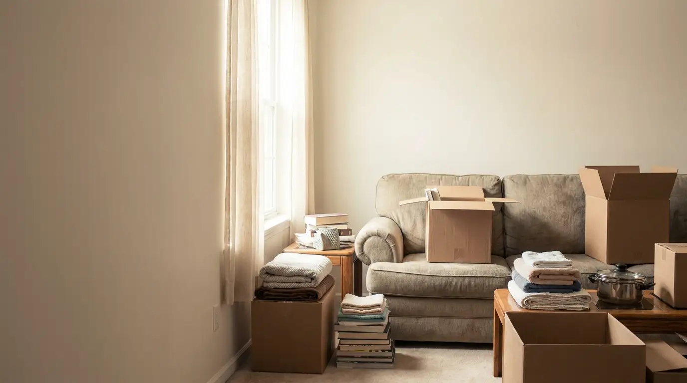 Cozy living room with beige couch, cardboard boxes, and folded blankets near window