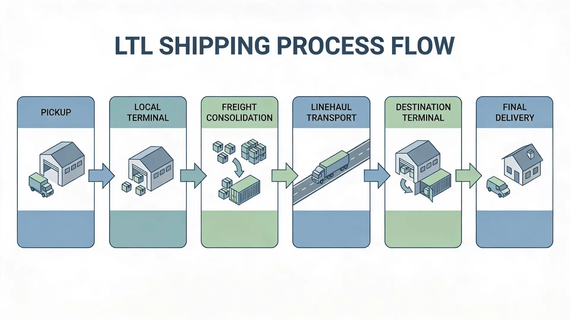 Diagram showing the LTL shipping process from pickup and freight consolidation to transport and final delivery.