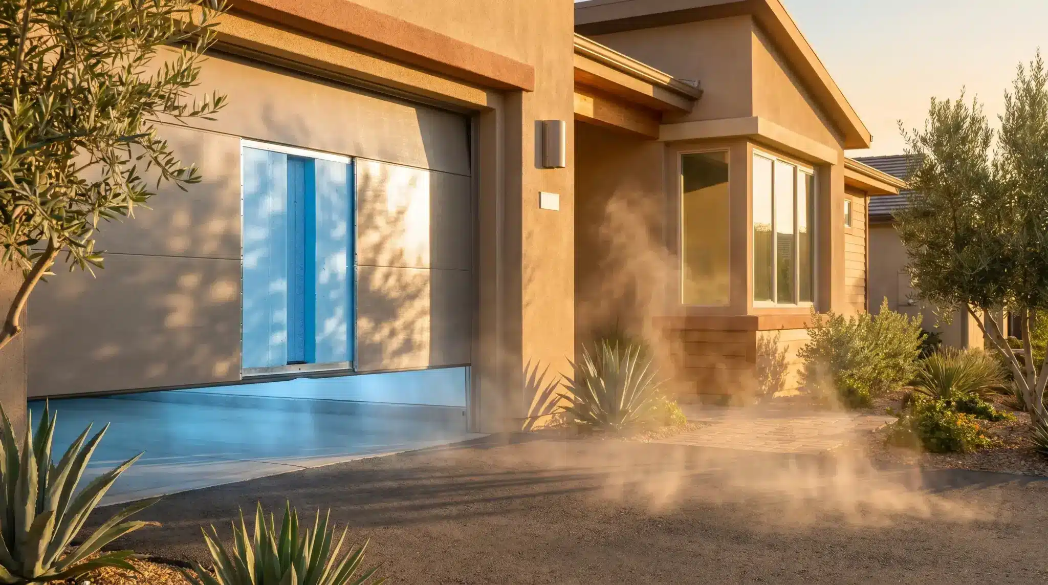 Modern house exterior with raised garage door and desert landscaping under warm sunlight
